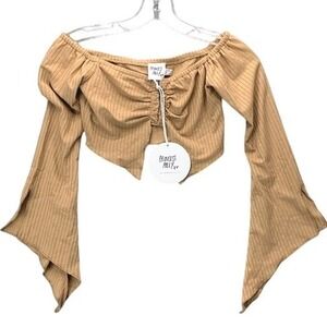 Princess Polly Women's 2 Amiya Ruched Crop Top Beige Long Sleeve Y2K NWT